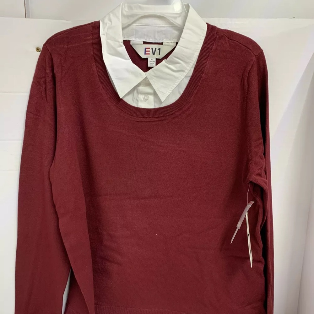 EV1 Two-fer Sweater, Collar Shirt Built In Sweater Combo, XL(16-18) Burgundy New